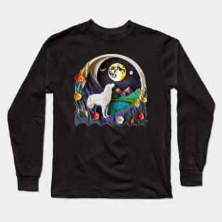 Great Pyrenees Dog Nature Full Crescent Moon Stars Whimsical Long Sleeve T-Shirt